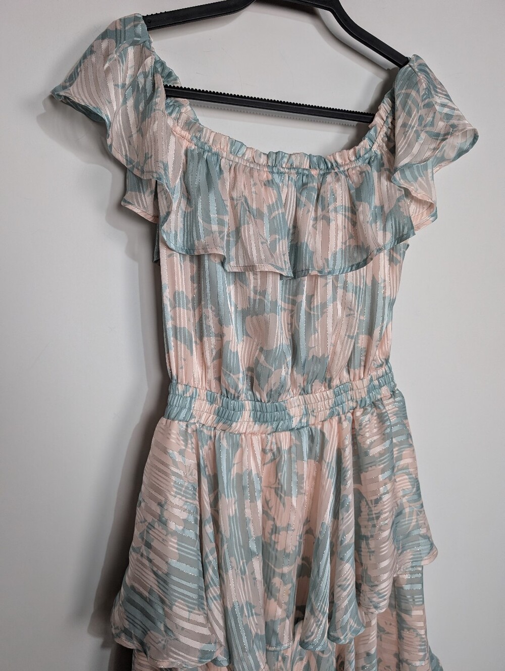 Lulus Garden Glam Teal Floral Off The Shoulder Tiered Mini Dress Size Small - Picture 3 of 8